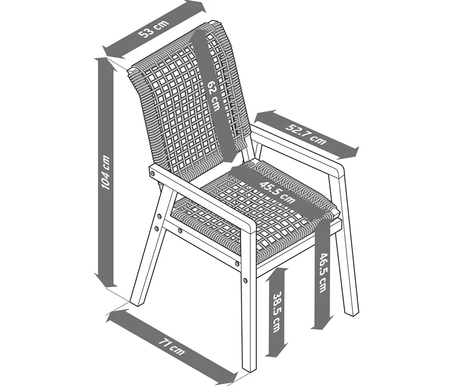 Dimensions de la chaise haute avec tissage textile.