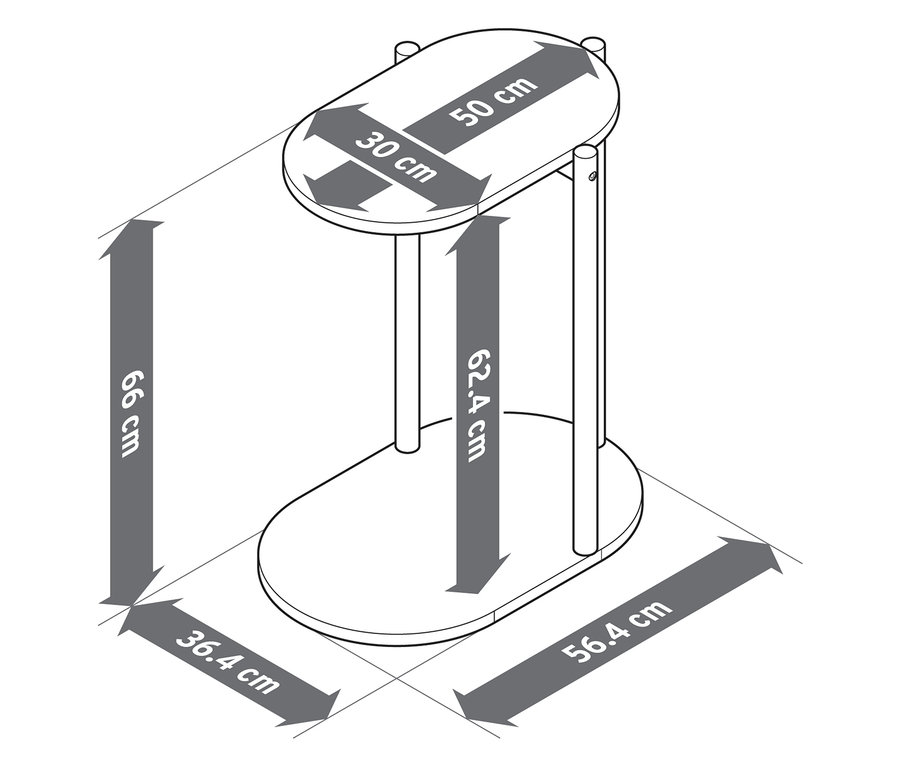 Diagramme montrant les dimensions d'une table ovale. Les dimensions du plateau sont de 50 cm et 30 cm. La hauteur de la table est de 66 cm. La base a des dimensions de 36,4 cm et 56,4 cm.