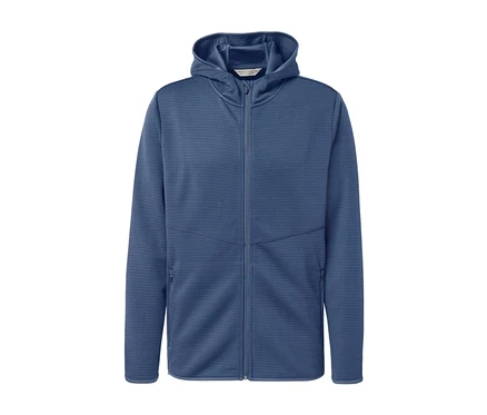Veste fonctionnelle bleue à capuche et fermeture éclair.