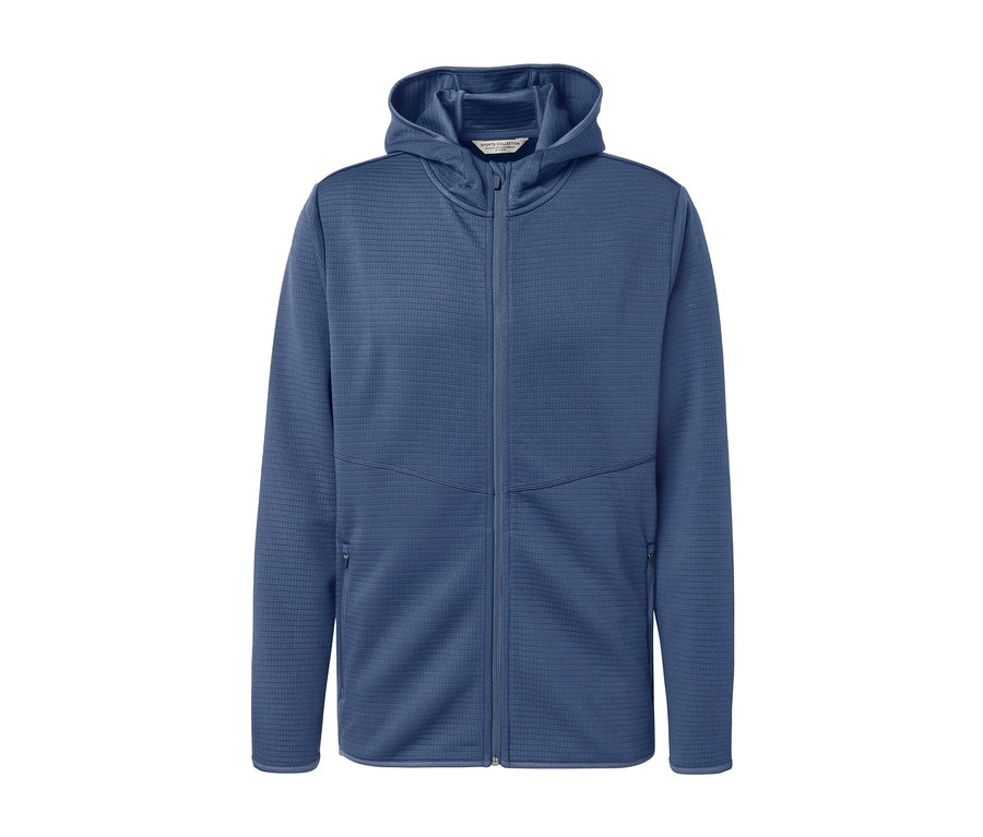 Veste fonctionnelle bleue à capuche et fermeture éclair.