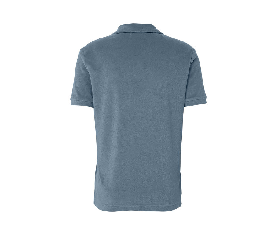 Vue arrière d'un polo en tissu éponge bleu gris.