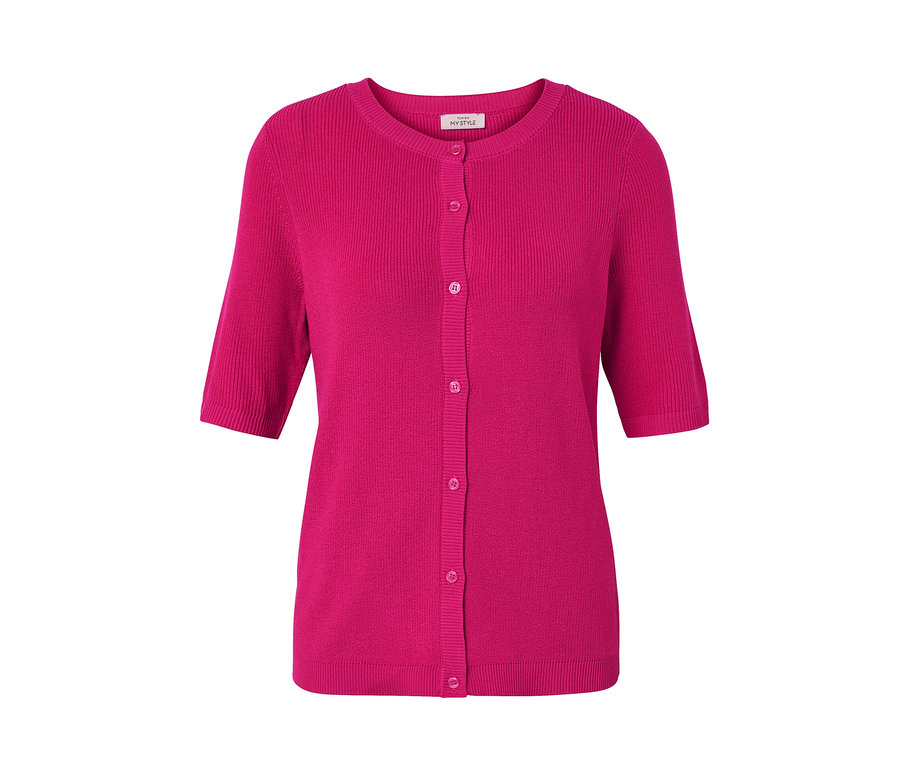 Un cardigan rose en maille fine avec lin, à manches courtes et boutons.