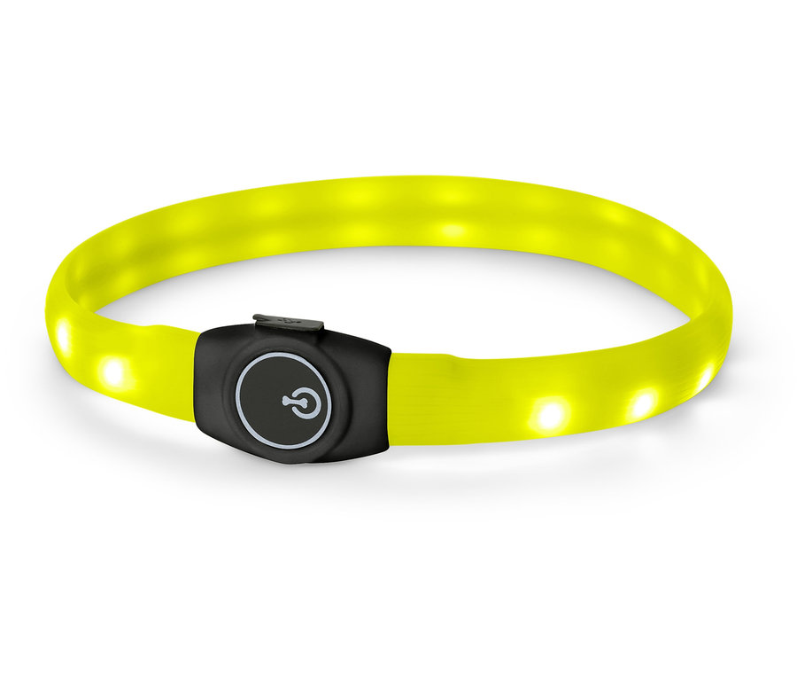 Bracelet LED jaune avec un fermoir avec une icône d'alimentation au milieu.