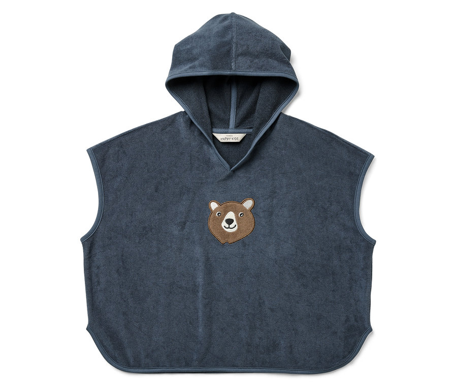 Poncho bleu à capuche pour enfant avec un motif ours.