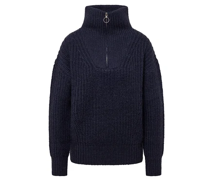 Pull en tricot bleu marine avec col roulé et fermeture éclair.