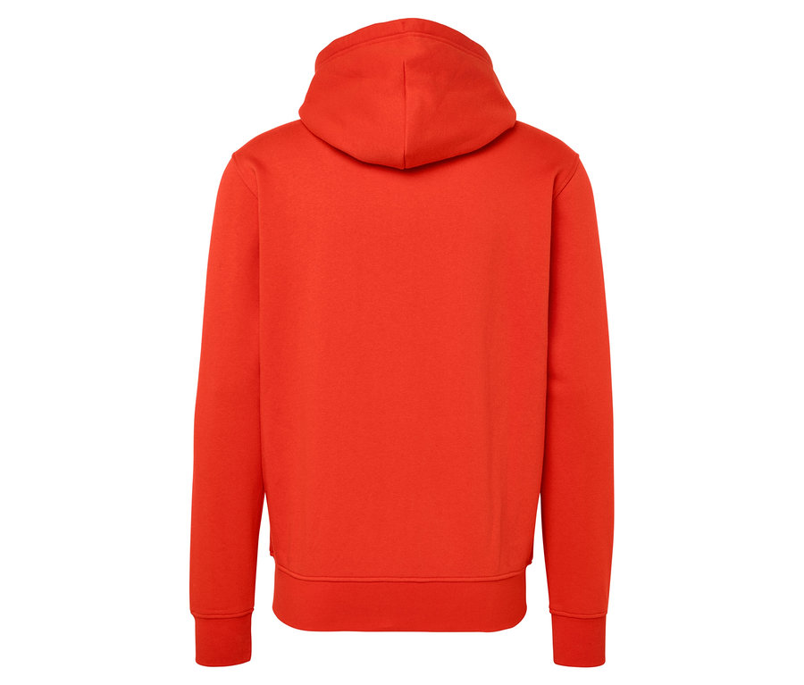 Vue arrière d'un sweat à capuche orange sur un fond blanc.