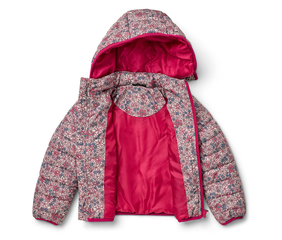 Doudoune ouverte pour enfant avec capuche, motif floral et doublure rose.