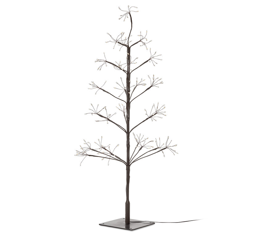 Arbre décoratif avec un tronc brun et des branches avec de petites lumières au bout, debout sur une base carrée.