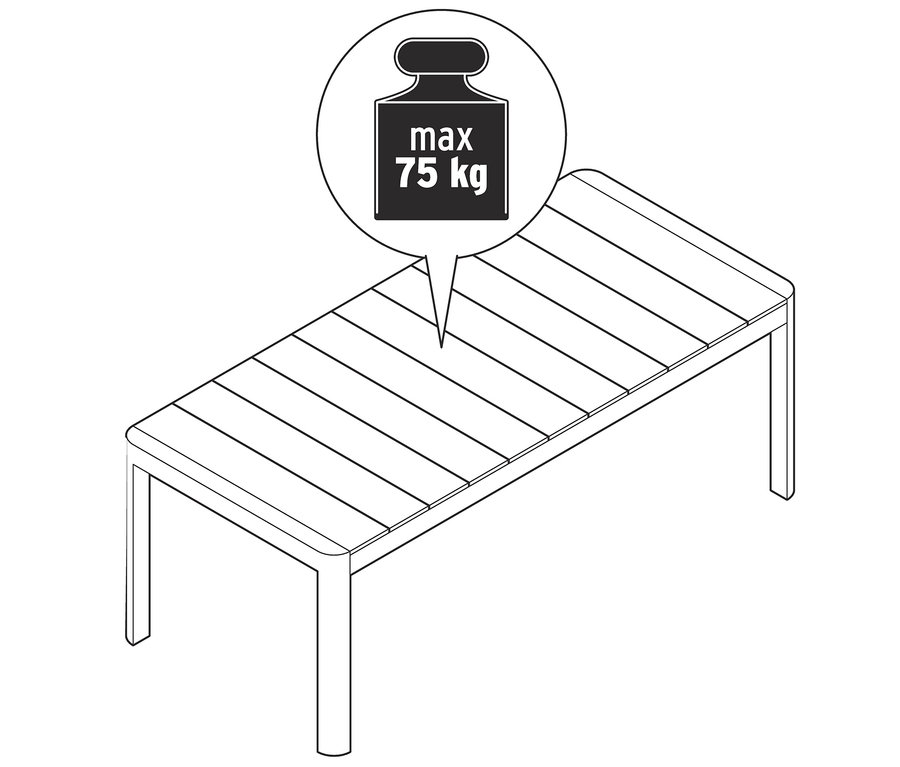 Schéma d'une table à rallonge avec plateau en polywood supportant une charge maximale de 75 kg.