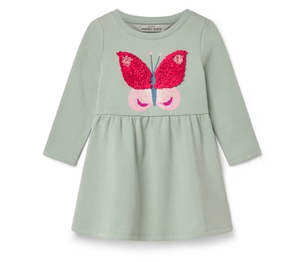 Robe vert clair pour enfants avec manches longues et application papillon.
