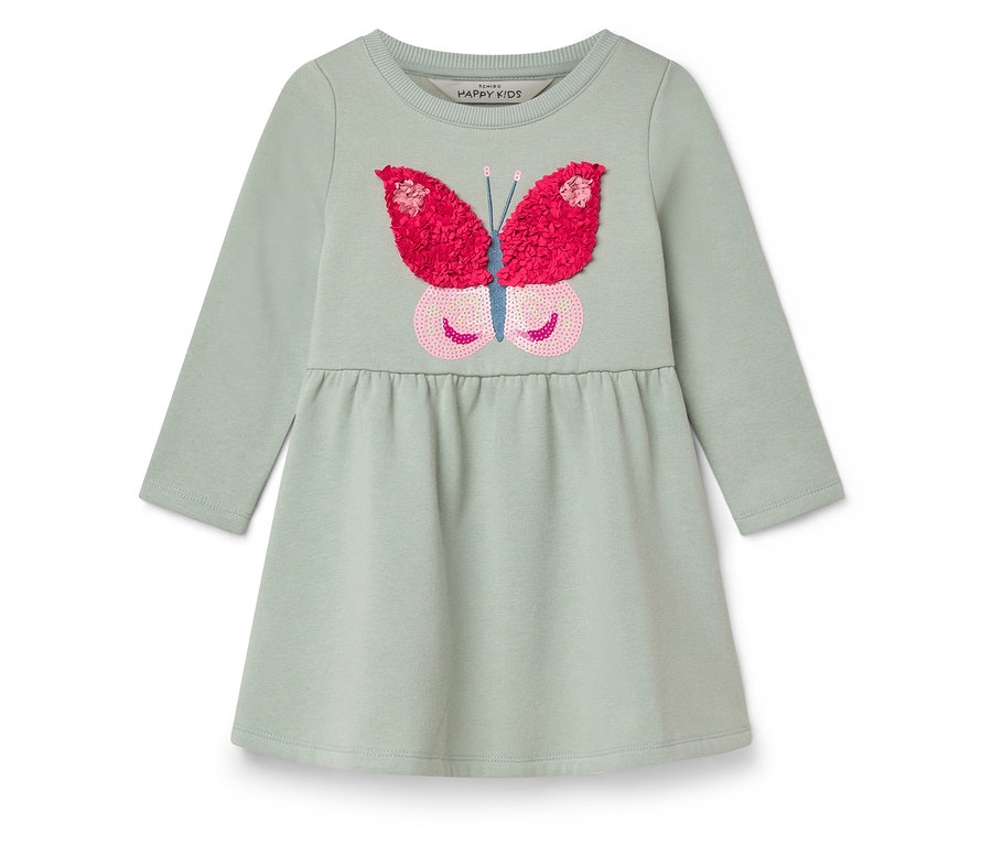Robe vert clair pour enfants avec manches longues et application papillon.