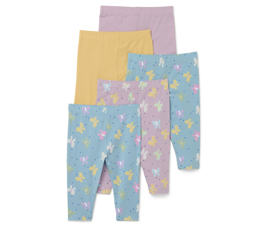 Cinq leggings : violet clair, jaune, bleu avec papillons et pois, et violet avec papillons et pois.
