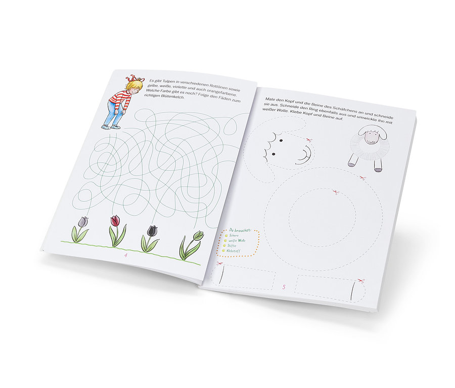 Livre ouvert « Mon joyeux printemps avec Conni » avec illustrations et texte.