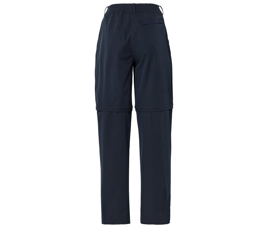 Pantalon long zippé bleu marine, photographié de dos.