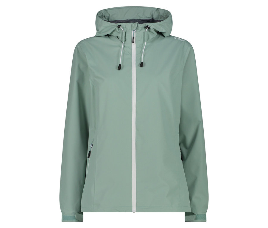 Veste de pluie vert clair avec capuche et fermeture éclair blanche.