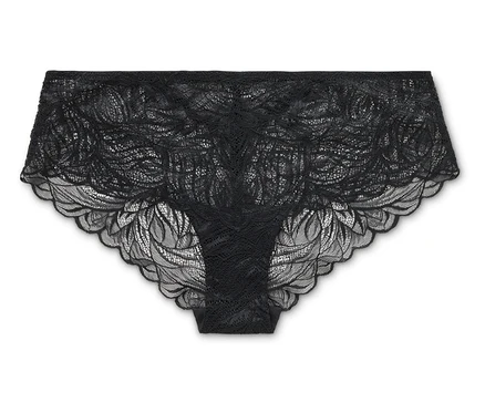 Culotte hipster noire en dentelle transparente sur fond blanc.