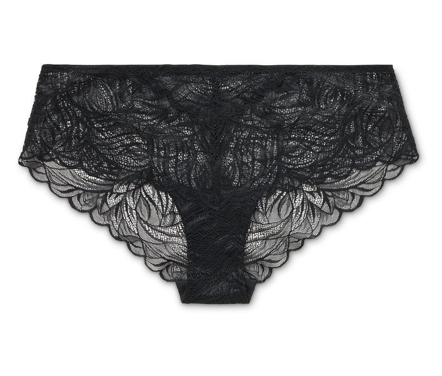 Culotte hipster noire en dentelle transparente sur fond blanc.