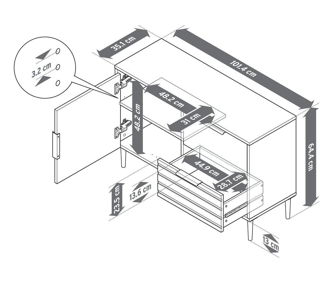 Sur l'image, un buffet « BAAKEN » avec 2 tiroirs et une porte, avec des indications de dimension.