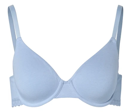 Soutien-gorge bleu clair à armatures et bretelles réglables sur fond blanc.