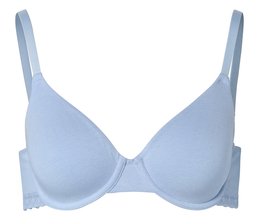 Soutien-gorge bleu clair à armatures et bretelles réglables sur fond blanc.