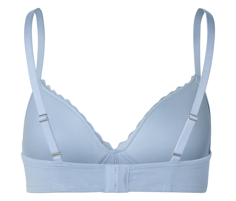 Vue arrière d'un soutien-gorge bleu clair avec bretelles réglables et fermeture à agrafes.