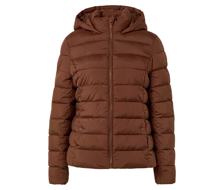 Veste marron matelassée avec capuche et fermeture éclair sur le devant.