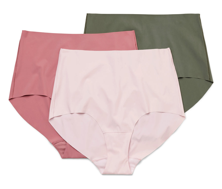 Trois culottes taille haute rose, vieux rose et vert olive sont superposées.