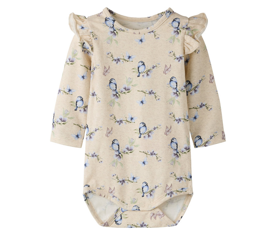 Le body beige à manches longues NAME IT est imprimé d'oiseaux, de papillons et de fleurs.
