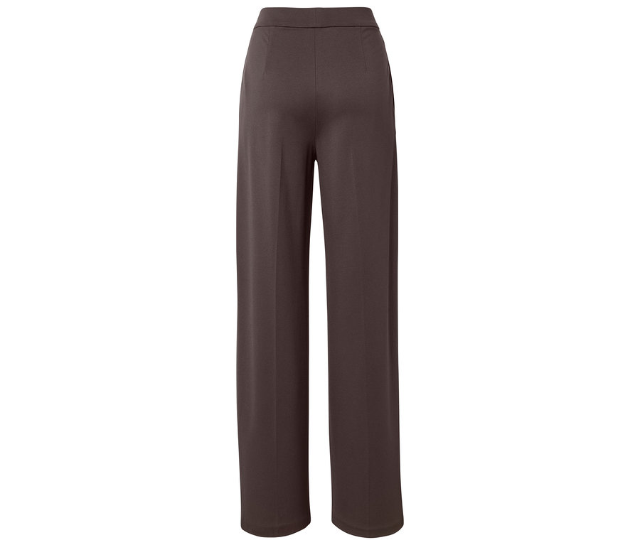 Vue arrière d'un pantalon marron taille haute à jambes larges.