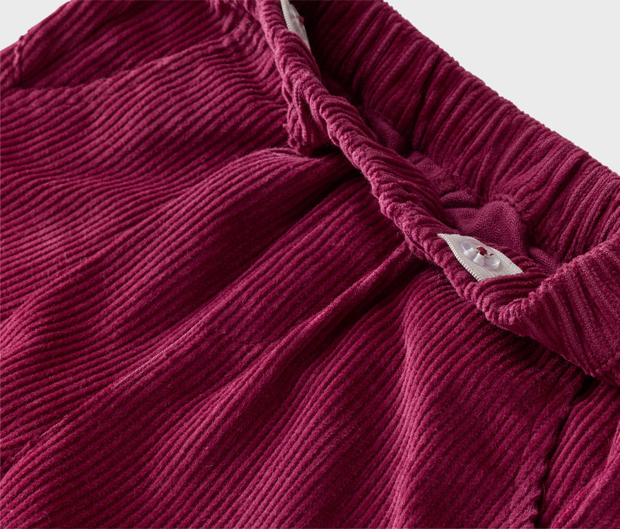 Gros plan d'un pantalon en velours côtelé bordeaux avec une taille élastique et une fermeture boutonnée.