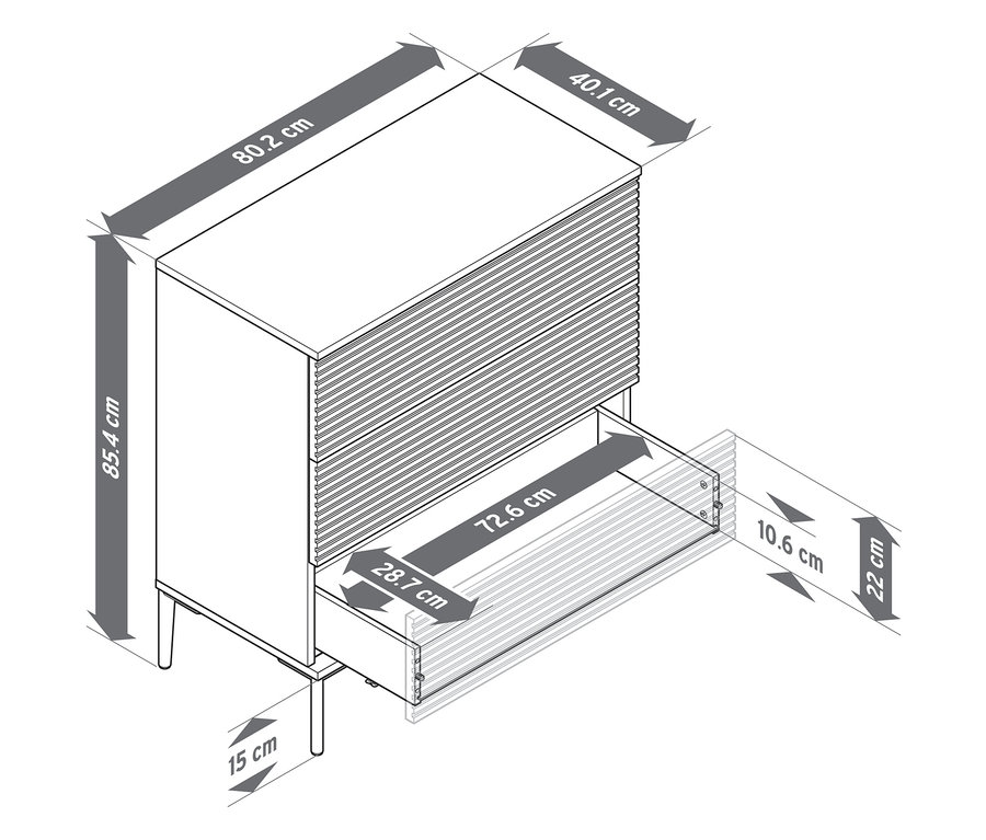 Représentation schématique détaillée d'une commode « REET » aspect lamelles avec indications de dimensions.