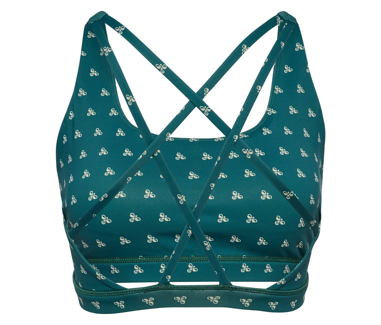 Gros plan d'un soutien-gorge de sport HUMMEL pour femme vert avec motif blanc et bretelles croisées.