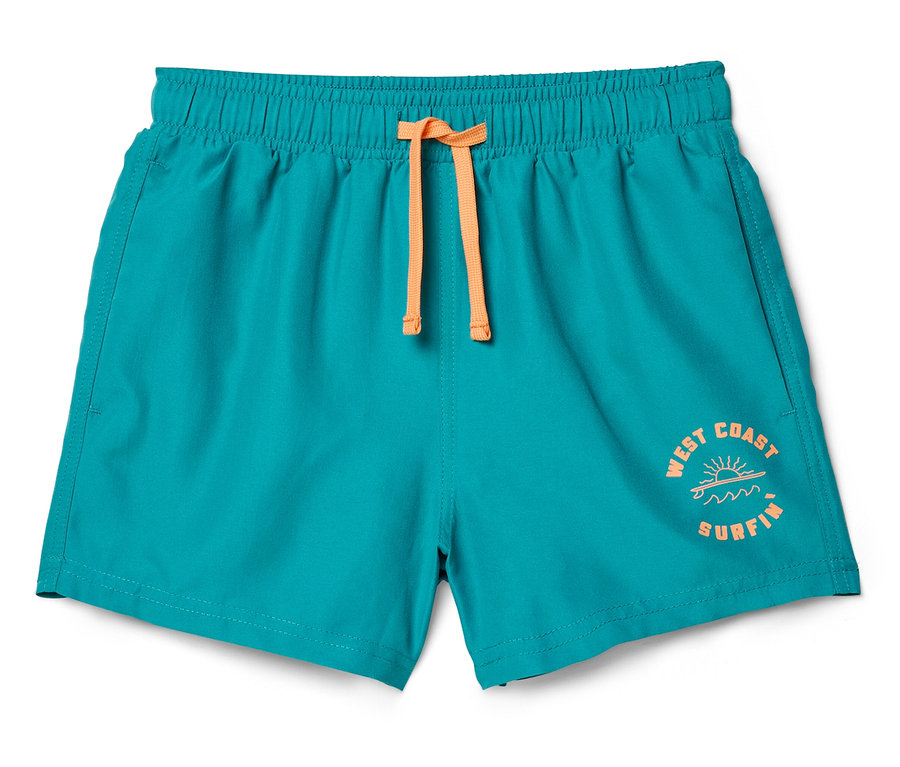 Short de bain turquoise avec cordon orange et imprimé « West Coast Surfing ».