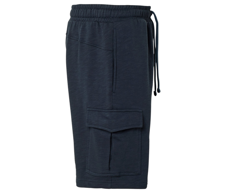 Short cargo bleu marine avec cordon de serrage et poche plaquée.