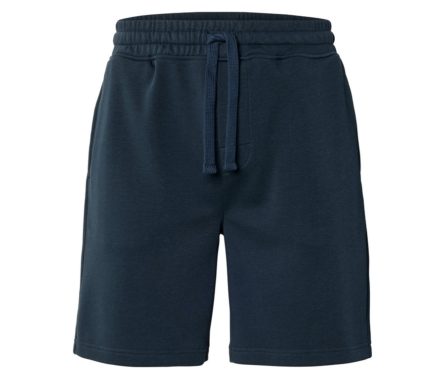 Gros plan sur un short bleu marine avec cordon de serrage.
