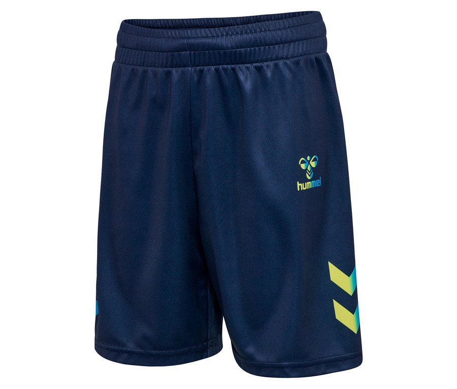 Gros plan sur un short de sport Hummel bleu marine sur fond blanc.