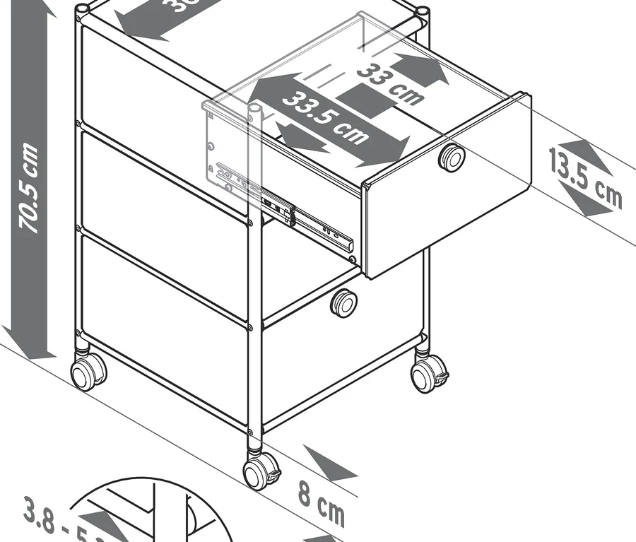 Un caisson à roulettes avec trois tiroirs, dont un ouvert, montre ses dimensions: 70,5 cm de hauteur, 40 cm de largeur et 40 cm de profondeur. Des détails sur les tiroirs, les roulettes et les pieds réglables sont également indiqués.