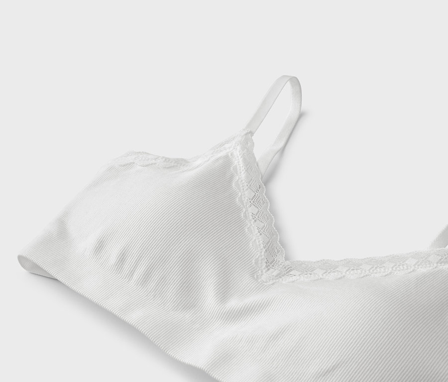 Gros plan d'un soutien-gorge blanc côtelé avec de la dentelle à l'encolure et une bretelle sur fond blanc.