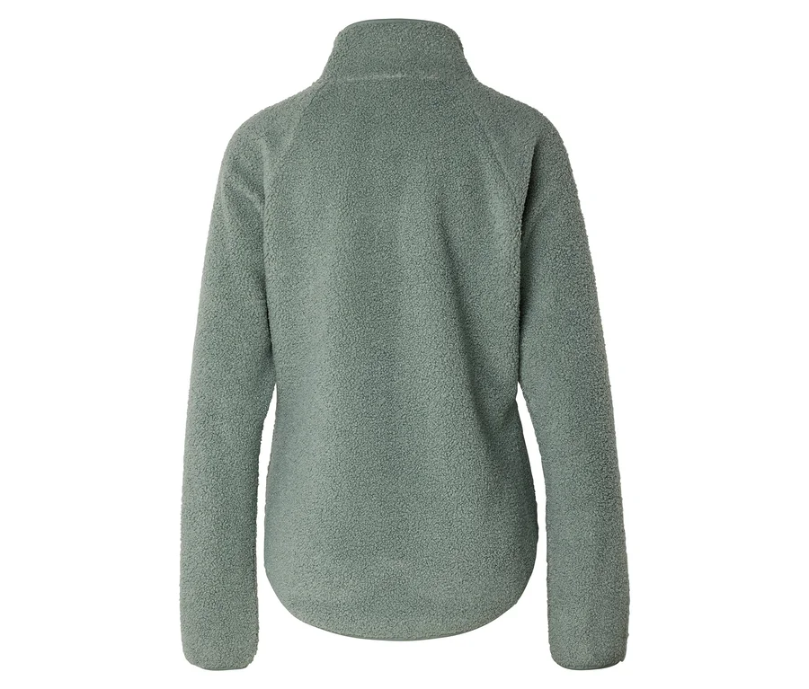 Vue arrière d'une veste polaire vert clair zippée jusqu'au cou sur fond blanc.