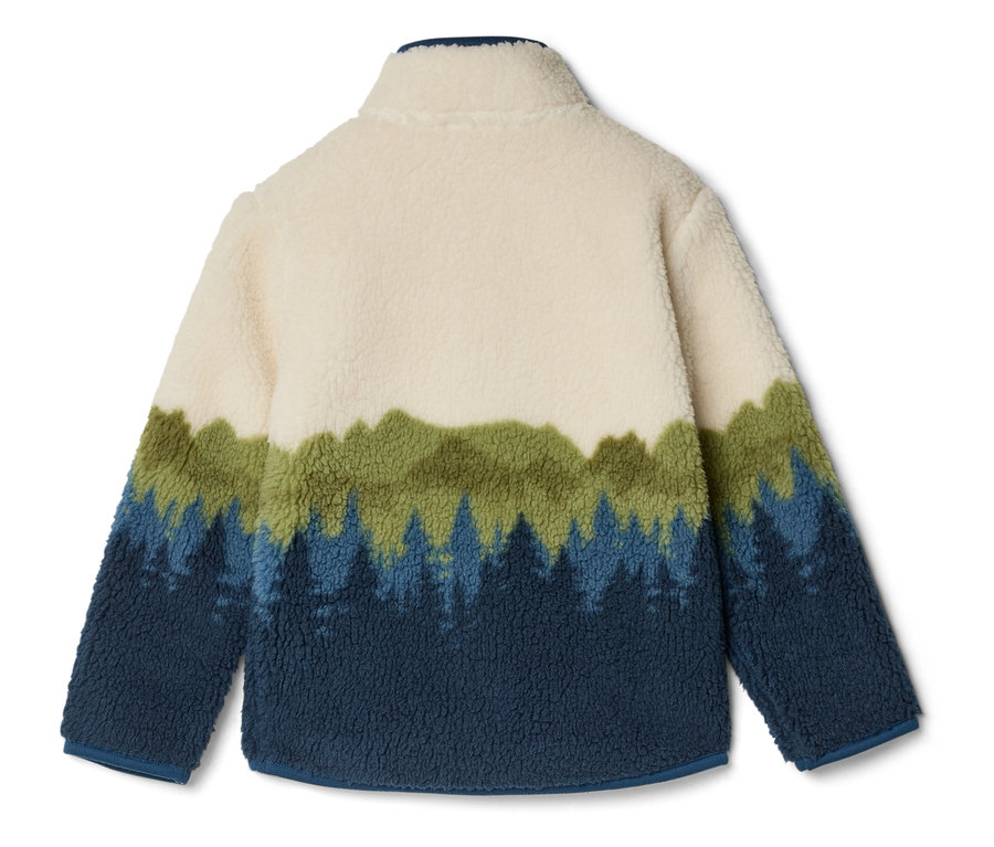 Vue arrière d'une veste en polaire zippée avec un haut crème et un motif de forêt dans les tons vert et bleu.