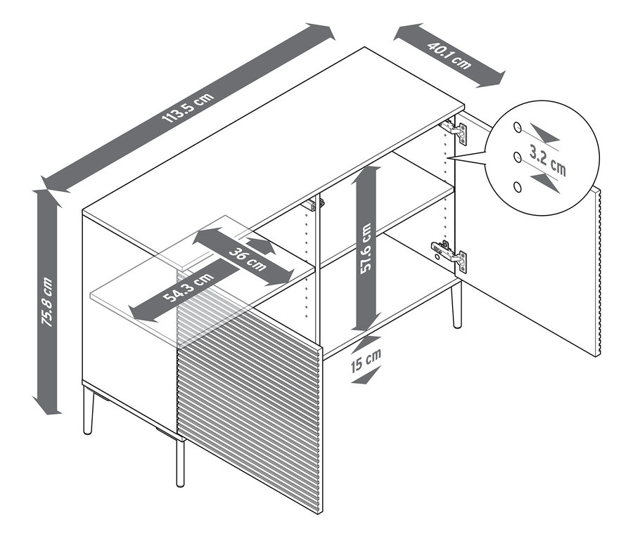 Vue de dessus du buffet « REET » avec aspect lamellé et dimensions.