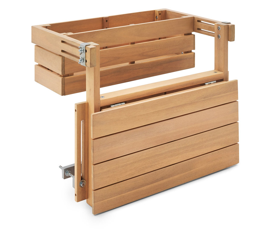 Structure en bois avec une étagère et un plateau de table pliable sur fond blanc.