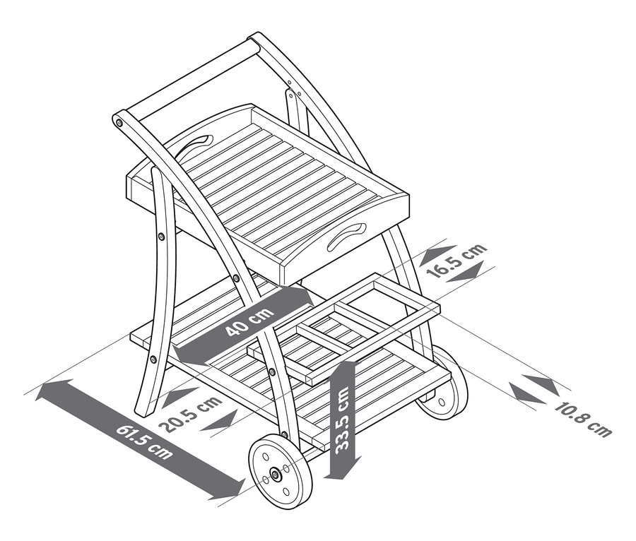 Image d'un chariot de bar avec plateau amovible et indications de dimensions.