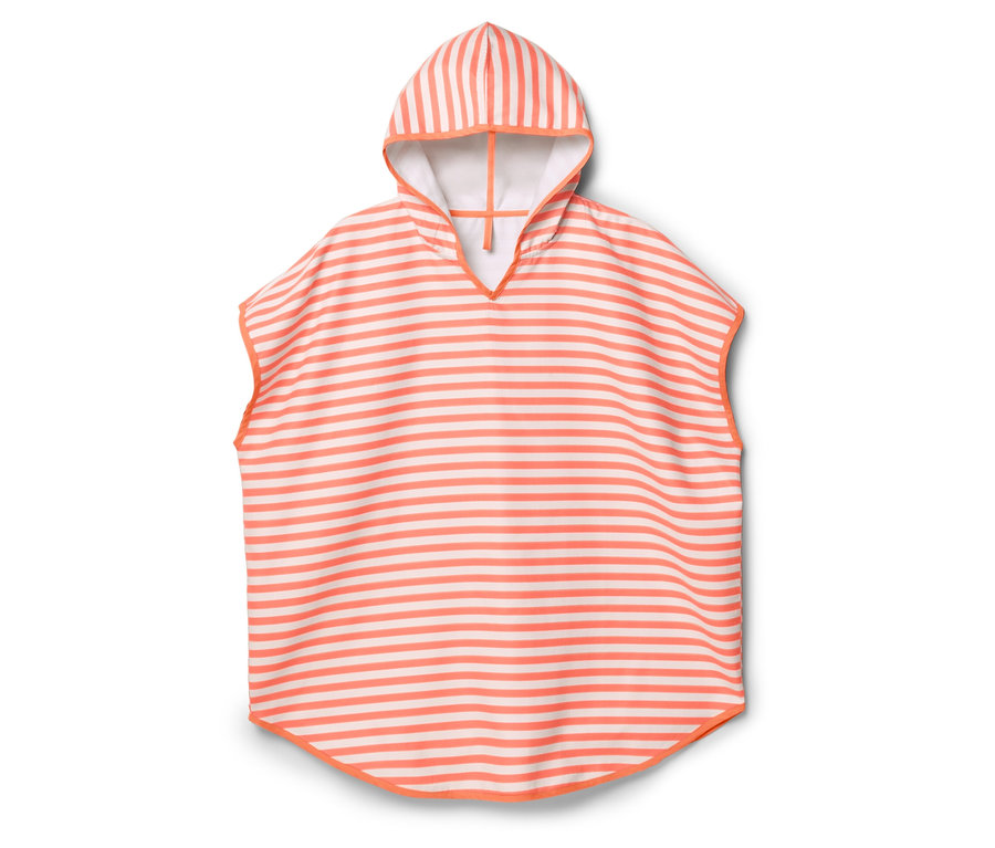 Poncho à capuche rayé corail et blanc.