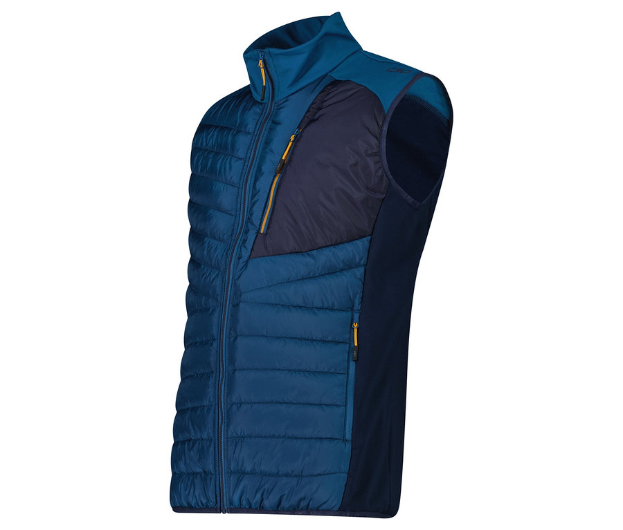 Un gilet matelassé bleu marine avec des panneaux en polaire bleu marine sur les côtés et des fermetures éclair jaunes.