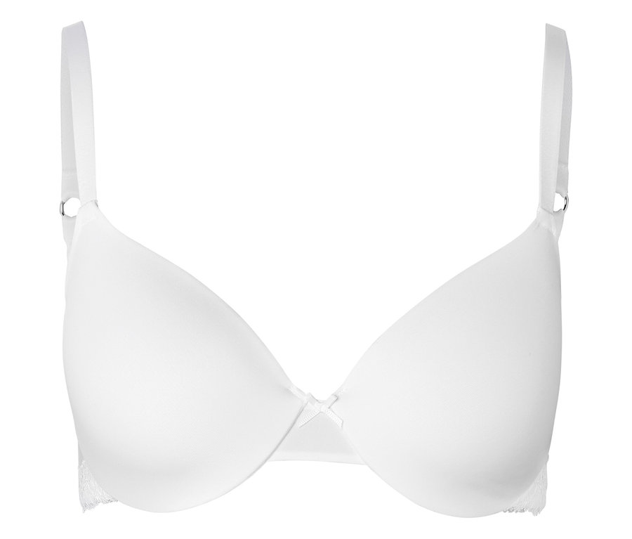 Soutien-gorge blanc à armatures avec de fines bretelles et un petit nœud au centre.