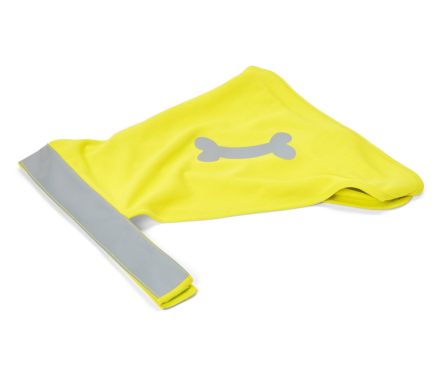 Gilet de sécurité jaune pour chien avec motif os gris et bande réfléchissante.