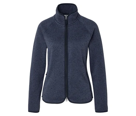 Une veste polaire bleu foncé chiné avec une fermeture éclair intégrale, un col montant et deux poches latérales zippées. Des bordures bleu foncé accentuent les bords.