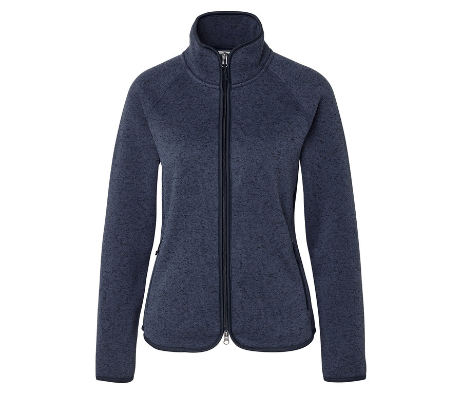 Une veste polaire bleu foncé chiné avec une fermeture éclair intégrale, un col montant et deux poches latérales zippées. Des bordures bleu foncé accentuent les bords.