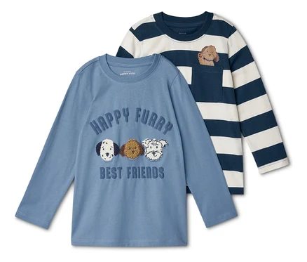 Deux t-shirts à manches longues pour enfants : un bleu avec des motifs de chiens et un rayé avec un chien dans la poche.